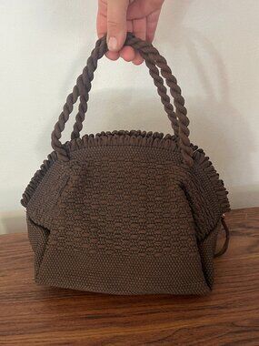 VTG Brown Macrame Nylon Handbag Beach Coastal 70s Groovy Vacation Neutrals Boho